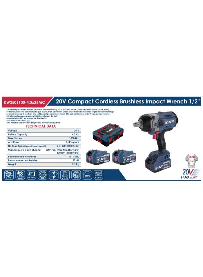 ايه بي تي شنيور فك و ربط براشليس بطارية 3/4 بوصه 20 فولت 4 امبير 1000 نيوتن 3 سرعة 2 بطاريه APT DW2506100-4.0x2BMC - Image 3